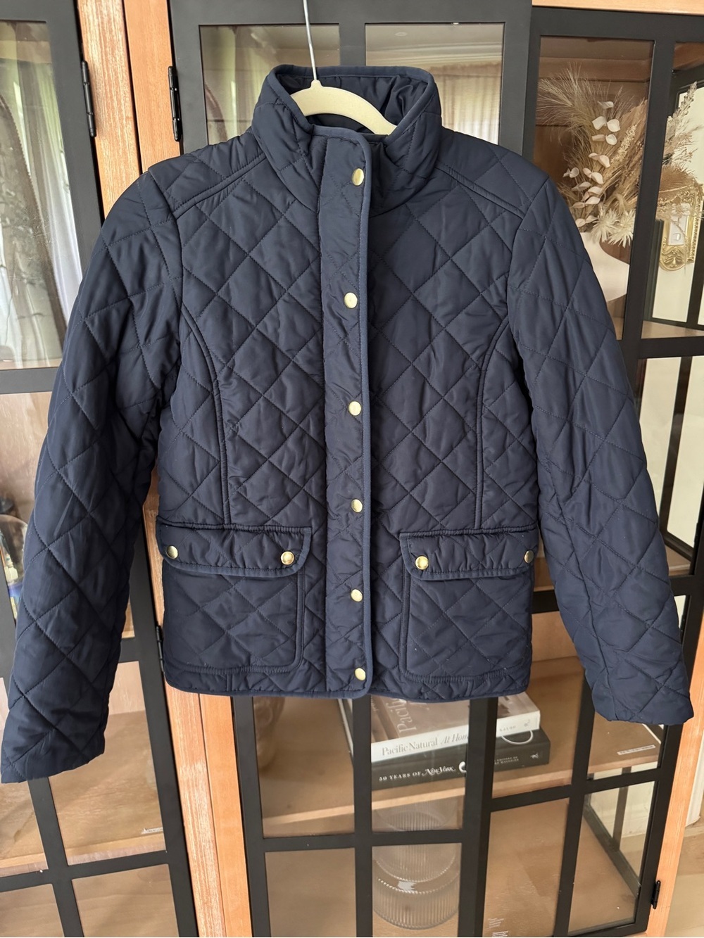 J. Crew navy quilted jacket zipper snaps pockets gold buttons - Picture 2 of 7